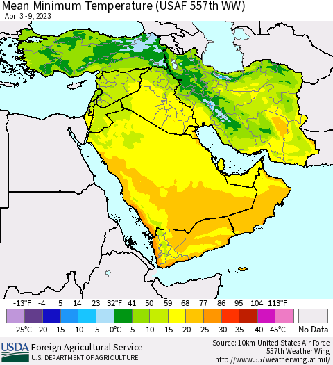 Middle East and Turkey Mean Minimum Temperature (USAF 557th WW) Thematic Map For 4/3/2023 - 4/9/2023