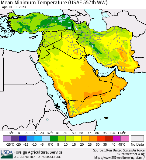 Middle East and Turkey Mean Minimum Temperature (USAF 557th WW) Thematic Map For 4/10/2023 - 4/16/2023