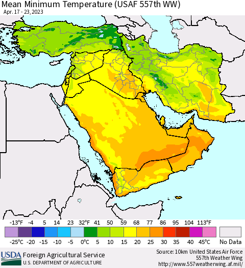 Middle East and Turkey Mean Minimum Temperature (USAF 557th WW) Thematic Map For 4/17/2023 - 4/23/2023