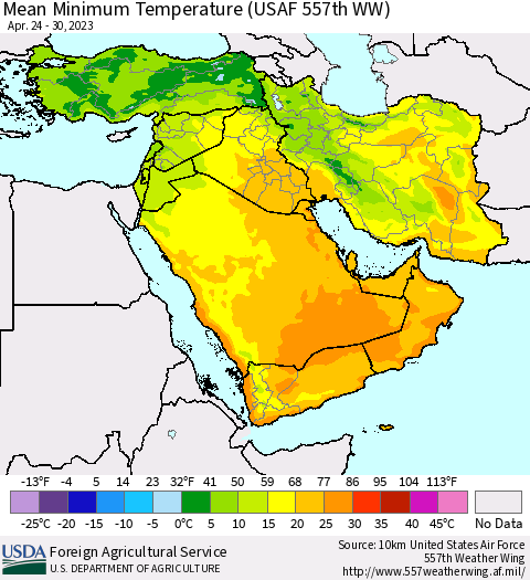 Middle East and Turkey Mean Minimum Temperature (USAF 557th WW) Thematic Map For 4/24/2023 - 4/30/2023