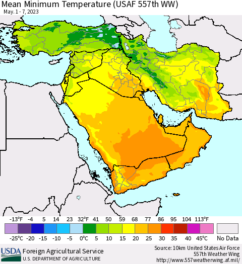 Middle East and Turkey Mean Minimum Temperature (USAF 557th WW) Thematic Map For 5/1/2023 - 5/7/2023