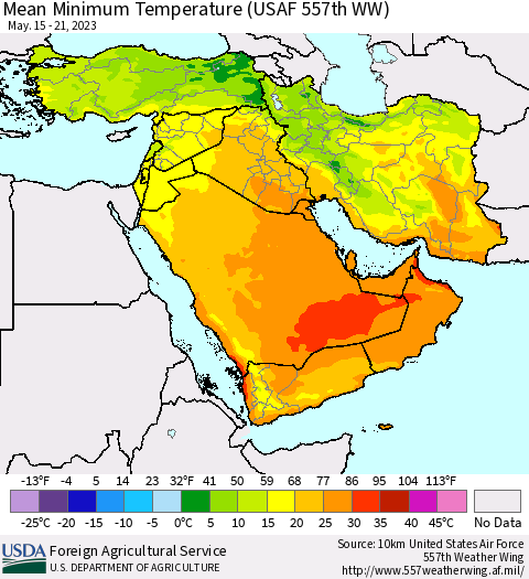 Middle East and Turkey Mean Minimum Temperature (USAF 557th WW) Thematic Map For 5/15/2023 - 5/21/2023