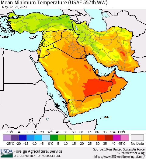 Middle East and Turkey Mean Minimum Temperature (USAF 557th WW) Thematic Map For 5/22/2023 - 5/28/2023