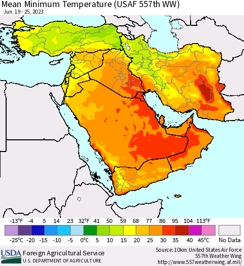 Middle East and Turkey Mean Minimum Temperature (USAF 557th WW) Thematic Map For 6/19/2023 - 6/25/2023