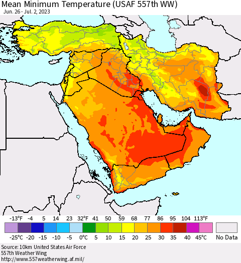Middle East and Turkey Mean Minimum Temperature (USAF 557th WW) Thematic Map For 6/26/2023 - 7/2/2023
