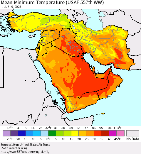 Middle East and Turkey Mean Minimum Temperature (USAF 557th WW) Thematic Map For 7/3/2023 - 7/9/2023