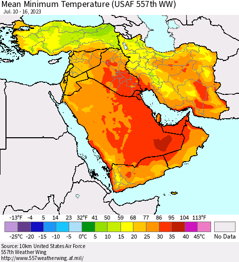 Middle East and Turkey Mean Minimum Temperature (USAF 557th WW) Thematic Map For 7/10/2023 - 7/16/2023