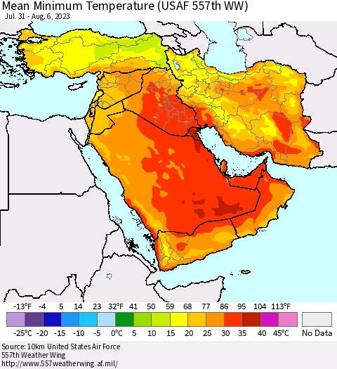 Middle East and Turkey Mean Minimum Temperature (USAF 557th WW) Thematic Map For 7/31/2023 - 8/6/2023