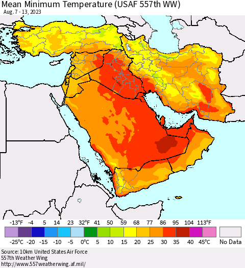 Middle East and Turkey Mean Minimum Temperature (USAF 557th WW) Thematic Map For 8/7/2023 - 8/13/2023
