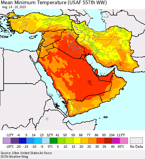 Middle East and Turkey Mean Minimum Temperature (USAF 557th WW) Thematic Map For 8/14/2023 - 8/20/2023