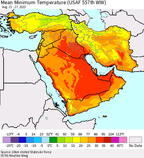 Middle East and Turkey Mean Minimum Temperature (USAF 557th WW) Thematic Map For 8/21/2023 - 8/27/2023