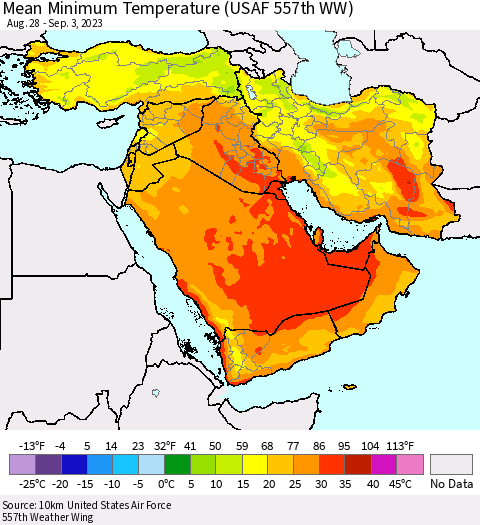 Middle East and Turkey Mean Minimum Temperature (USAF 557th WW) Thematic Map For 8/28/2023 - 9/3/2023
