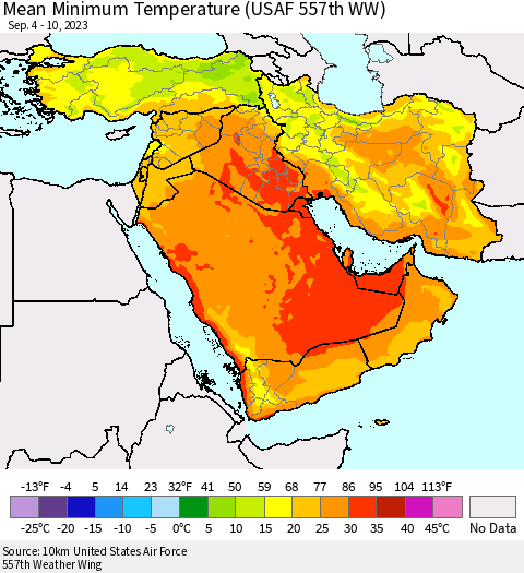 Middle East and Turkey Mean Minimum Temperature (USAF 557th WW) Thematic Map For 9/4/2023 - 9/10/2023