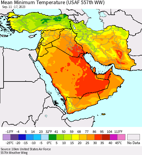 Middle East and Turkey Mean Minimum Temperature (USAF 557th WW) Thematic Map For 9/11/2023 - 9/17/2023