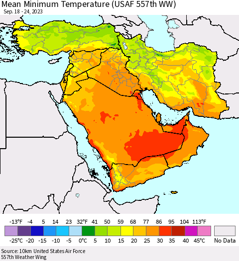 Middle East and Turkey Mean Minimum Temperature (USAF 557th WW) Thematic Map For 9/18/2023 - 9/24/2023