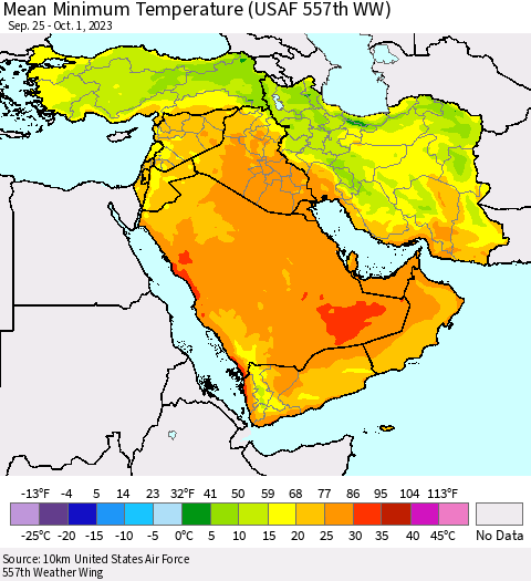 Middle East and Turkey Mean Minimum Temperature (USAF 557th WW) Thematic Map For 9/25/2023 - 10/1/2023