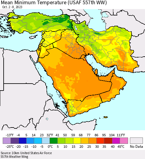 Middle East and Turkey Mean Minimum Temperature (USAF 557th WW) Thematic Map For 10/2/2023 - 10/8/2023