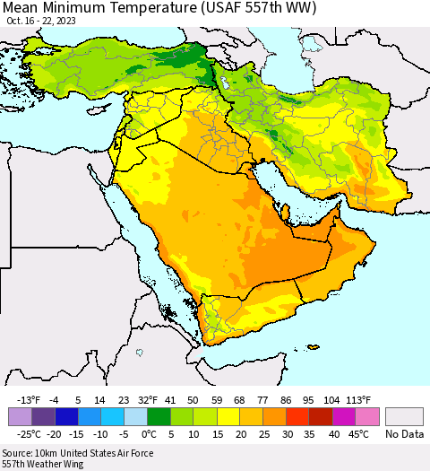 Middle East and Turkey Mean Minimum Temperature (USAF 557th WW) Thematic Map For 10/16/2023 - 10/22/2023