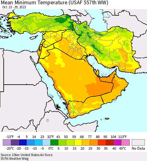 Middle East and Turkey Mean Minimum Temperature (USAF 557th WW) Thematic Map For 10/23/2023 - 10/29/2023