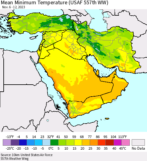 Middle East and Turkey Mean Minimum Temperature (USAF 557th WW) Thematic Map For 11/6/2023 - 11/12/2023
