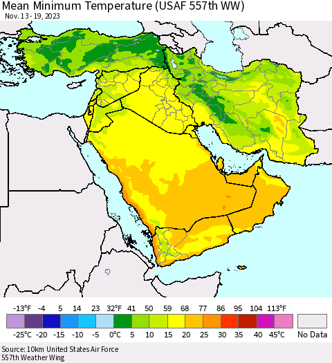 Middle East and Turkey Mean Minimum Temperature (USAF 557th WW) Thematic Map For 11/13/2023 - 11/19/2023