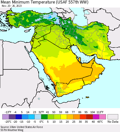 Middle East and Turkey Mean Minimum Temperature (USAF 557th WW) Thematic Map For 11/20/2023 - 11/26/2023