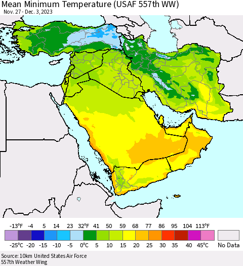 Middle East and Turkey Mean Minimum Temperature (USAF 557th WW) Thematic Map For 11/27/2023 - 12/3/2023
