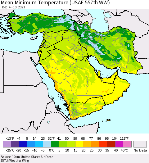Middle East and Turkey Mean Minimum Temperature (USAF 557th WW) Thematic Map For 12/4/2023 - 12/10/2023