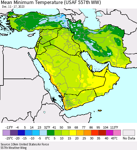 Middle East and Turkey Mean Minimum Temperature (USAF 557th WW) Thematic Map For 12/11/2023 - 12/17/2023