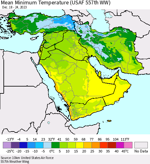 Middle East and Turkey Mean Minimum Temperature (USAF 557th WW) Thematic Map For 12/18/2023 - 12/24/2023