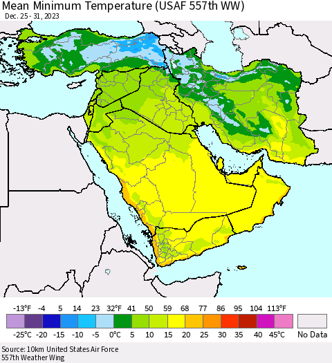 Middle East and Turkey Mean Minimum Temperature (USAF 557th WW) Thematic Map For 12/25/2023 - 12/31/2023