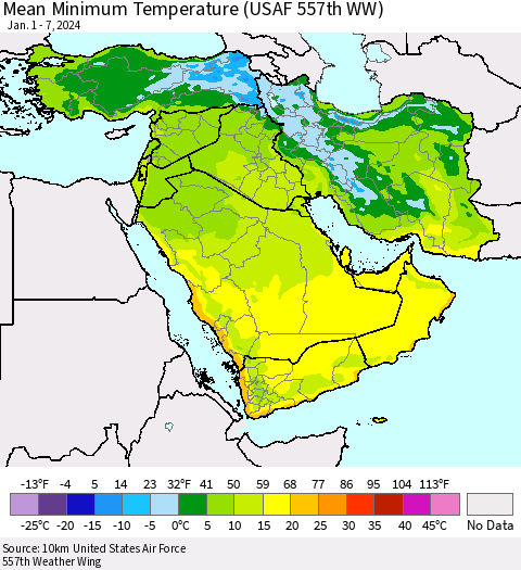 Middle East and Turkey Mean Minimum Temperature (USAF 557th WW) Thematic Map For 1/1/2024 - 1/7/2024
