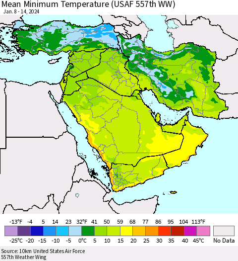 Middle East and Turkey Mean Minimum Temperature (USAF 557th WW) Thematic Map For 1/8/2024 - 1/14/2024