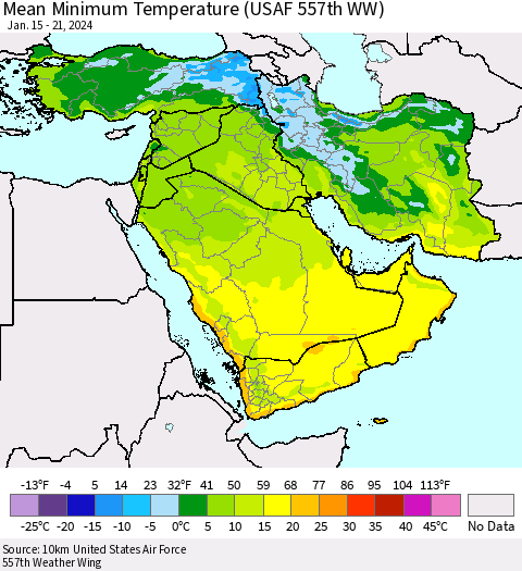 Middle East and Turkey Mean Minimum Temperature (USAF 557th WW) Thematic Map For 1/15/2024 - 1/21/2024