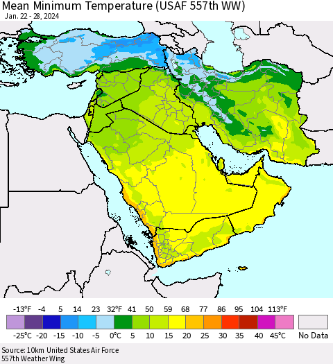 Middle East and Turkey Mean Minimum Temperature (USAF 557th WW) Thematic Map For 1/22/2024 - 1/28/2024