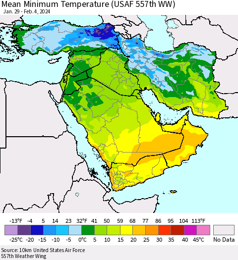 Middle East and Turkey Mean Minimum Temperature (USAF 557th WW) Thematic Map For 1/29/2024 - 2/4/2024
