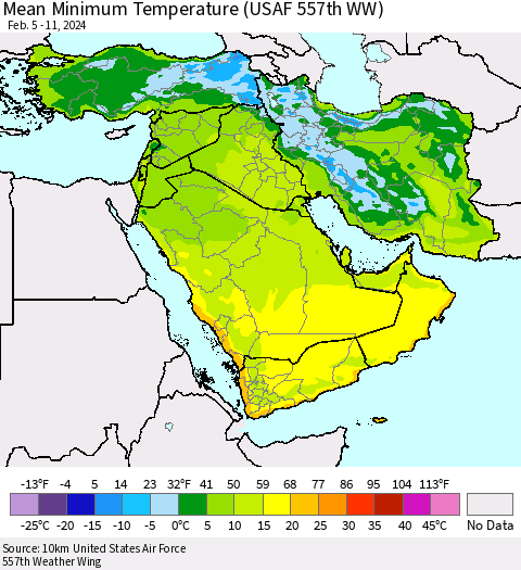Middle East and Turkey Mean Minimum Temperature (USAF 557th WW) Thematic Map For 2/5/2024 - 2/11/2024