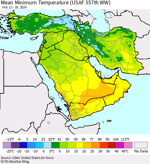 Middle East and Turkey Mean Minimum Temperature (USAF 557th WW) Thematic Map For 2/12/2024 - 2/18/2024