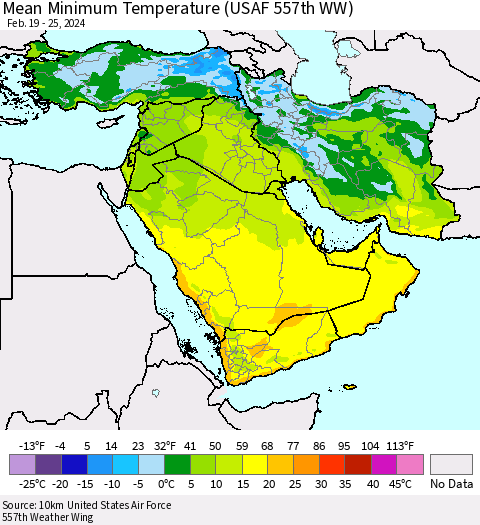 Middle East and Turkey Mean Minimum Temperature (USAF 557th WW) Thematic Map For 2/19/2024 - 2/25/2024