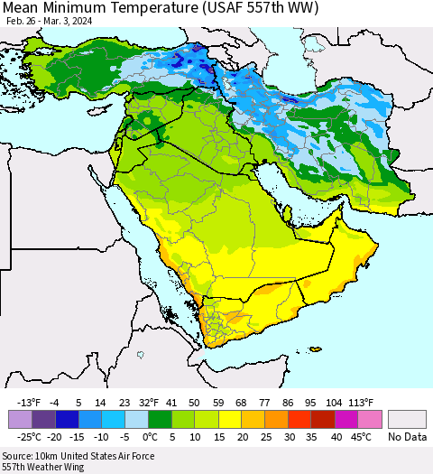 Middle East and Turkey Mean Minimum Temperature (USAF 557th WW) Thematic Map For 2/26/2024 - 3/3/2024