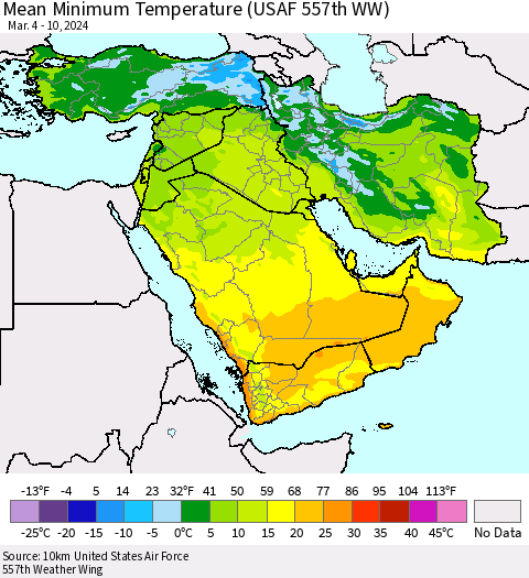 Middle East and Turkey Mean Minimum Temperature (USAF 557th WW) Thematic Map For 3/4/2024 - 3/10/2024