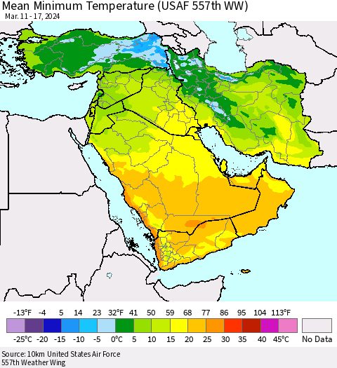 Middle East and Turkey Mean Minimum Temperature (USAF 557th WW) Thematic Map For 3/11/2024 - 3/17/2024
