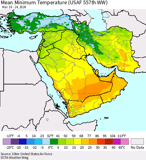 Middle East and Turkey Mean Minimum Temperature (USAF 557th WW) Thematic Map For 3/18/2024 - 3/24/2024