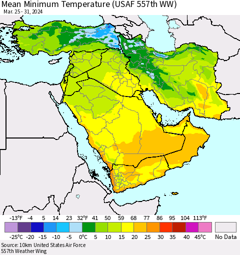 Middle East and Turkey Mean Minimum Temperature (USAF 557th WW) Thematic Map For 3/25/2024 - 3/31/2024