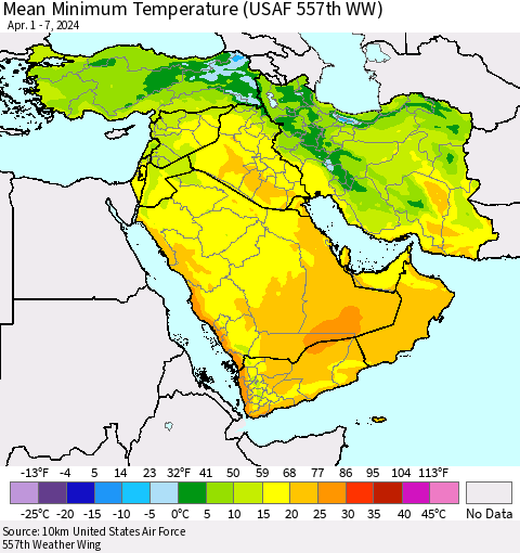 Middle East and Turkey Mean Minimum Temperature (USAF 557th WW) Thematic Map For 4/1/2024 - 4/7/2024