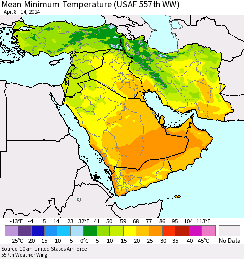 Middle East and Turkey Mean Minimum Temperature (USAF 557th WW) Thematic Map For 4/8/2024 - 4/14/2024