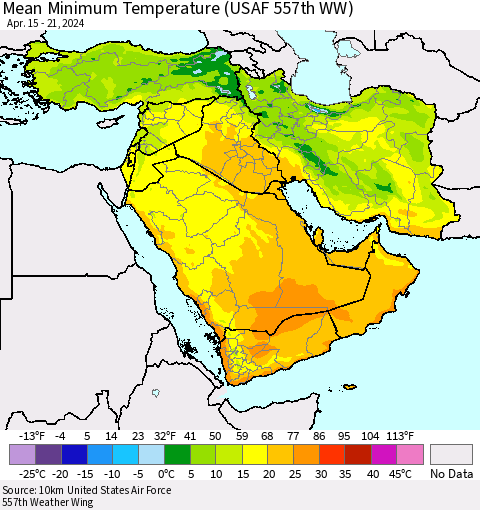 Middle East and Turkey Mean Minimum Temperature (USAF 557th WW) Thematic Map For 4/15/2024 - 4/21/2024