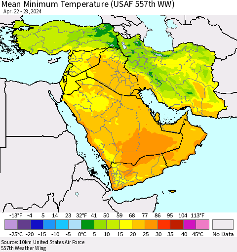 Middle East and Turkey Mean Minimum Temperature (USAF 557th WW) Thematic Map For 4/22/2024 - 4/28/2024