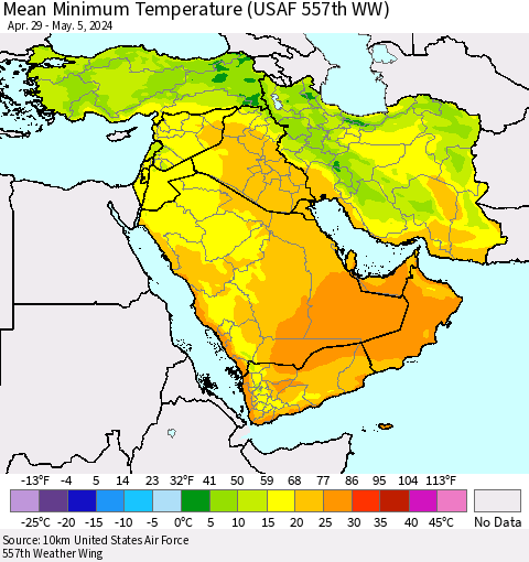 Middle East and Turkey Mean Minimum Temperature (USAF 557th WW) Thematic Map For 4/29/2024 - 5/5/2024