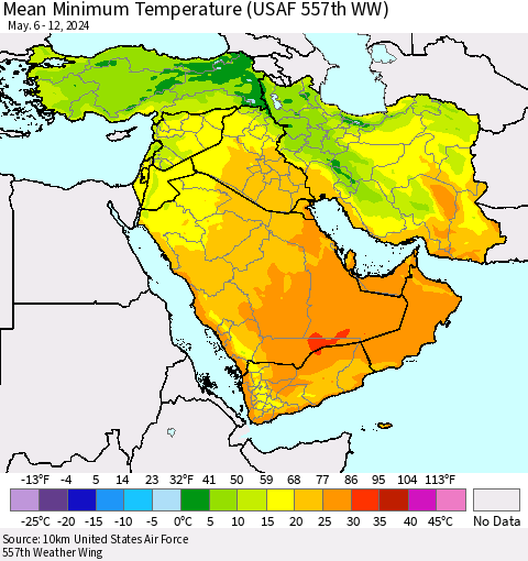 Middle East and Turkey Mean Minimum Temperature (USAF 557th WW) Thematic Map For 5/6/2024 - 5/12/2024